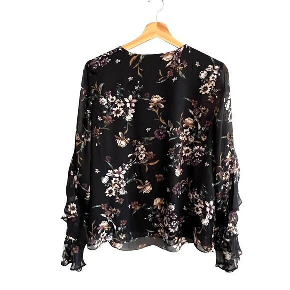 IZ Byer Black Floral Chiffon Top Size L Ruffled Boho Dark Floral Whimsigoth - Picture 3 of 8